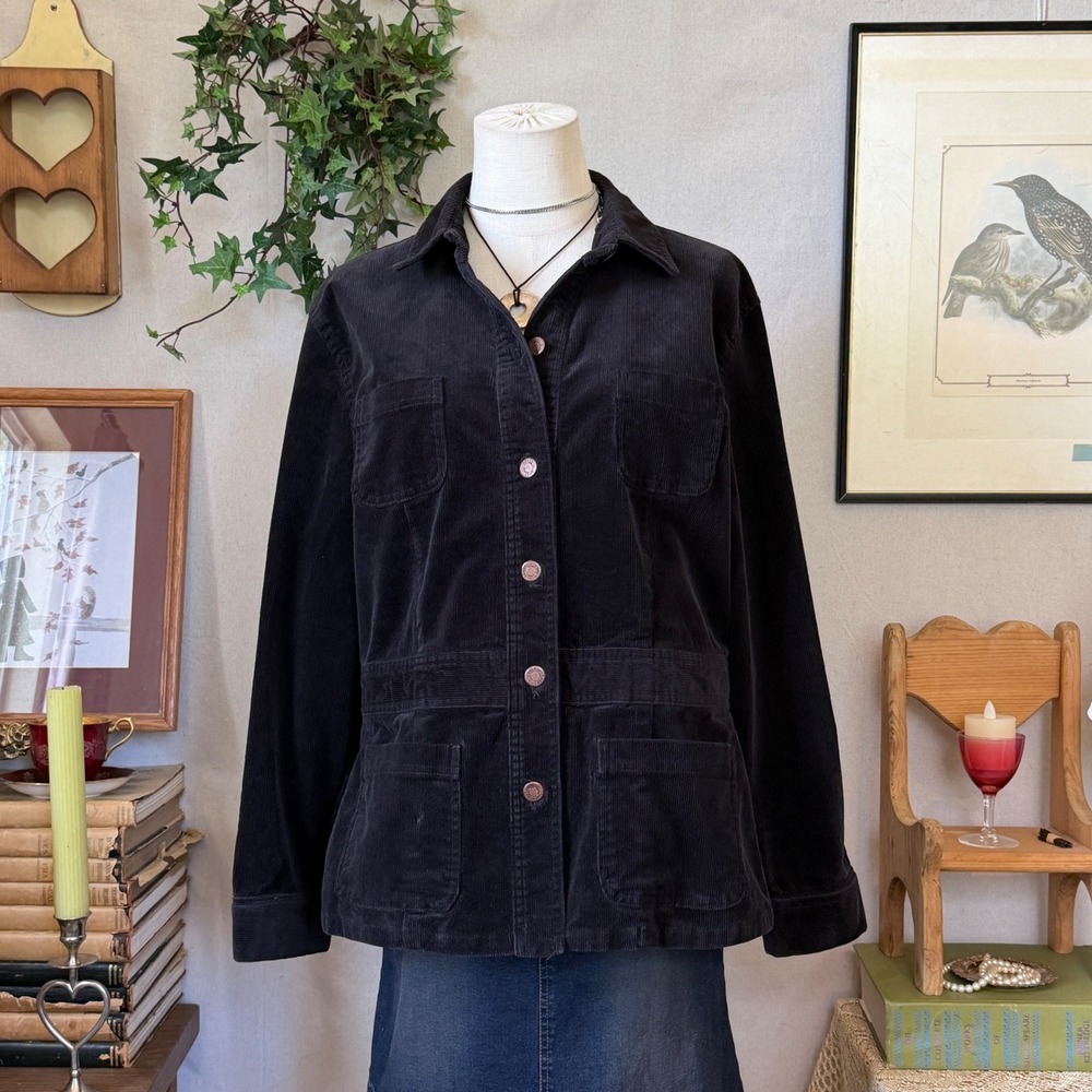 Black Corduroy Jacket Ribbed Button Up up Whimsygoth Boho XL Layering Witchy